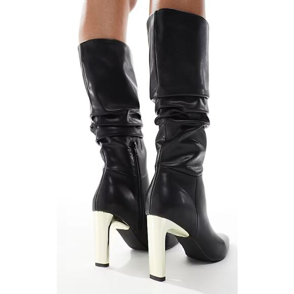 Glamorous Ruched Knee Boots with Gold Heel in Black Size 8 Black NWT - Picture 2 of 4